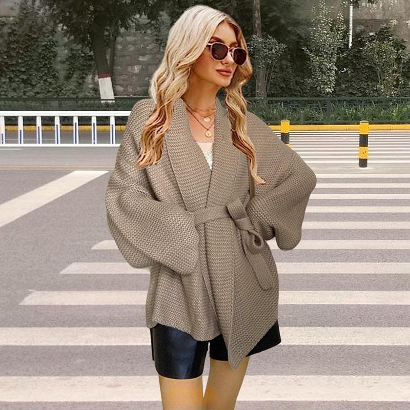 Women's autumn and winter new sweater European beautiful women's knitted top jacket lace-up cardigan