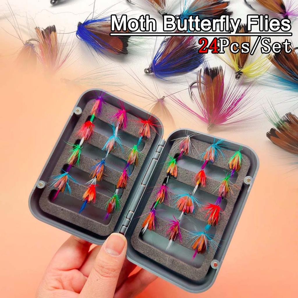 24Pcs/Box-Dry Fly/Handcrafted Mixed Colors Moth Bait Fly Fishing Kit for Trout Bass Salmon (Butterfly) Material Artificial Feather&Rayon