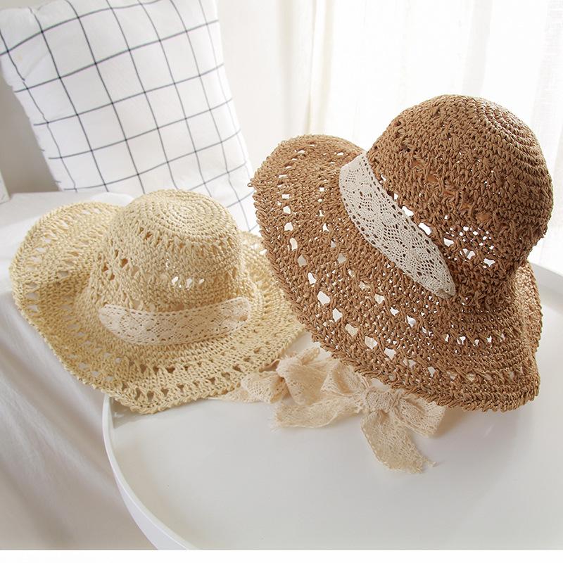 Style Hat Versatile Straw Woven Lace Strap Foldable Womens Sunshade Hatscaps