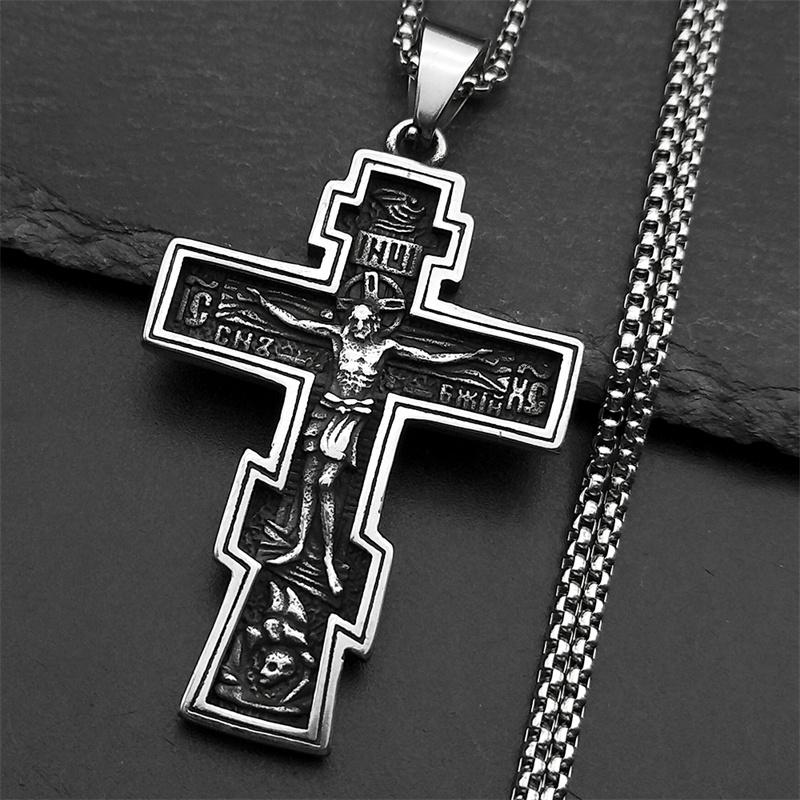 Retro Orthodox Icon Cross Statue Crucifix Pendant Necklace for Women Men Stainless Steel Silver Color Hip Hop Chain Jewelry