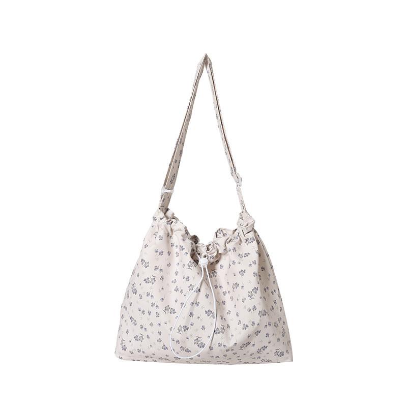 Canvas Drawstring Ruched Floral Tote Bag With Magnetic Closure For Casual Daily Use