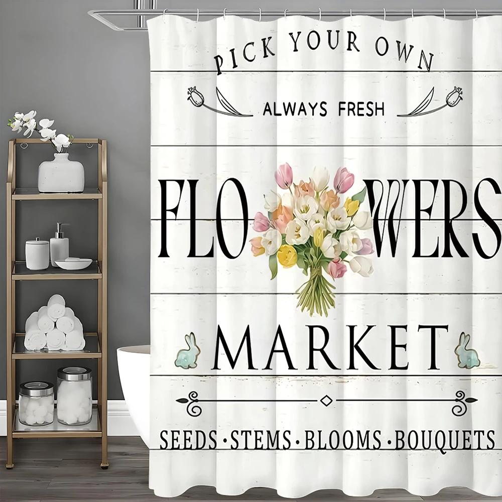 Floral Wooden Rabbit Text Shower Curtain, Bathroom Decorative Shower Curtain, Waterproof Shower Curtain with Hooks 90X180cm