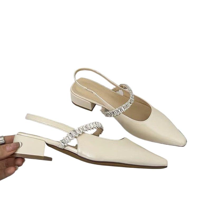 Fashion New Style Women' Concise Crystal Low Heel Sandals Slingback Pointed Toe Dress Office Shoes Woman Comfort Light Casual Slippers