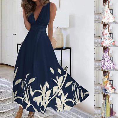 Women's Long Dress Maxi Dress Casual Dress Summer Casual Sleeveless V Neck Boho Waist Retraction Printed Dress