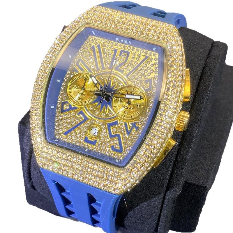 Full Diamond Hip Hop Wine Barrel Multifunctional Chronograph Large Dial Silicone Strap Watch