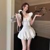 Lace Splicing French Short-sleeved Dress Women's Summer Bow Puff Dress Sweet Waist Skirt A-word Short Skirt