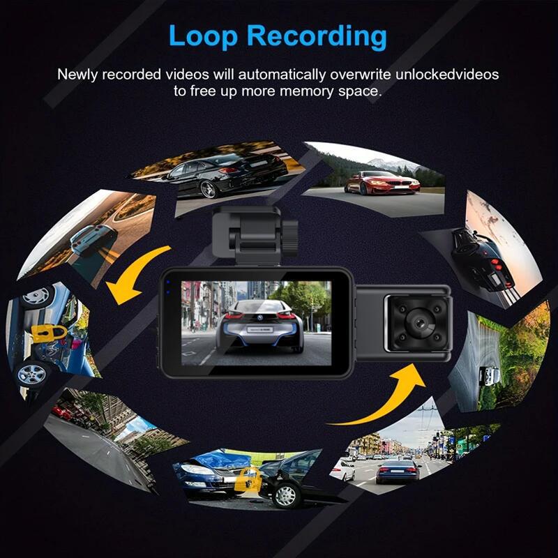 3-Zoll HD Dashcam: WLAN, Weitwinkel, Nachtsicht, Dreifachaufnahme, Rückfahrbild