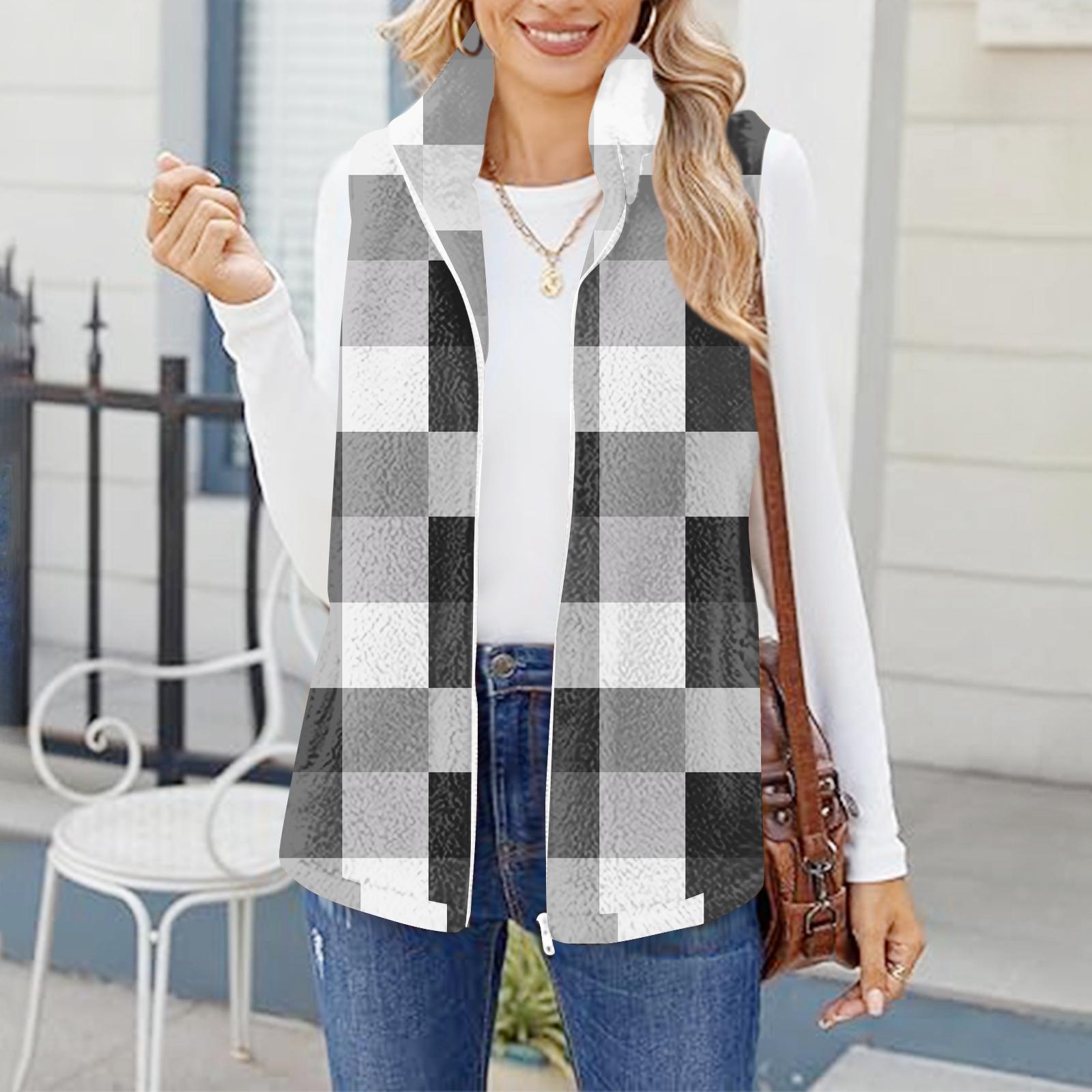 

Женский модный и теплый флисовый кардиган-жилет с клетчатым принтом XXL