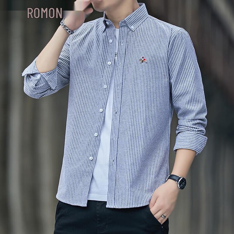 ROMON Men s Oxford Cloth Striped Long Sleeve Shirt 5XL