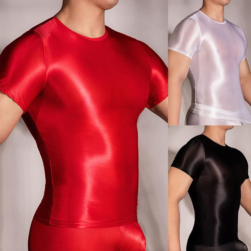 Comfortable Mens T-Shirt Male Nylon See Through Sheer Shiny