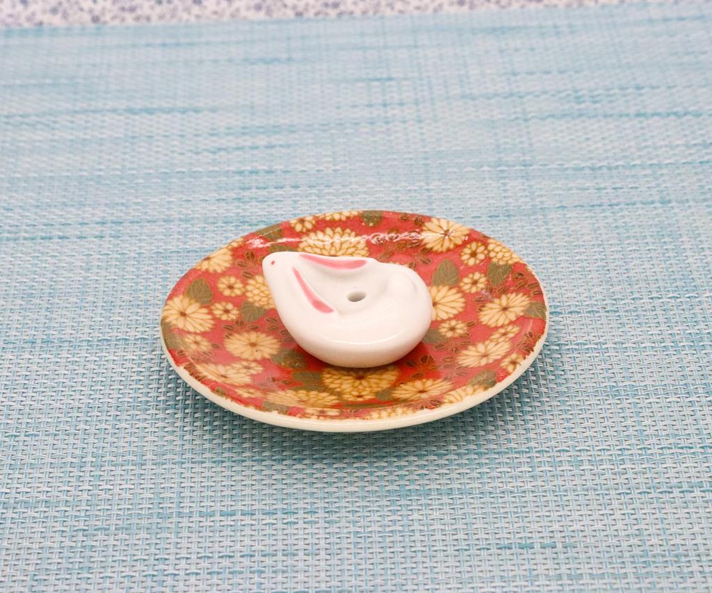 Craftsman House Incense Red Made In Japan Holder, Chrysanthemum, Rabbit,