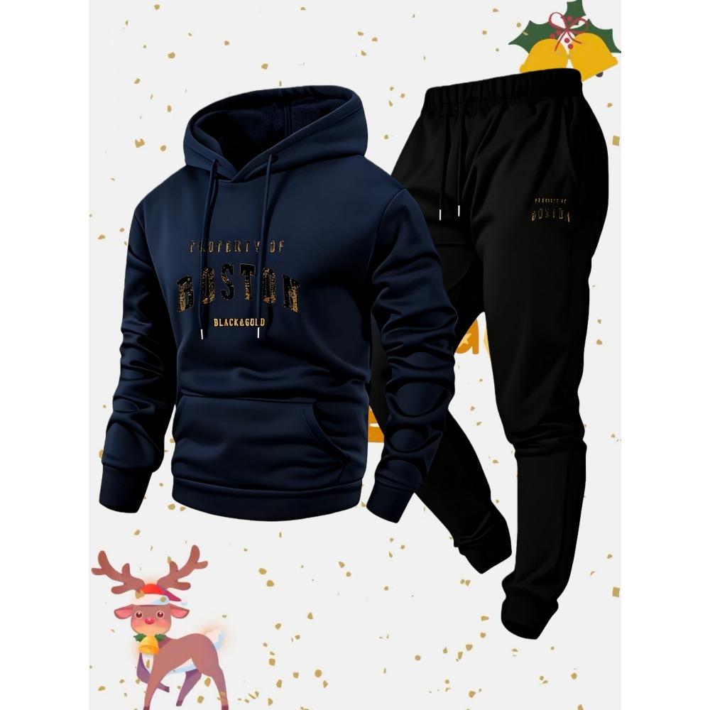 Spring and Autumn Warm Men's Hoodie Set Sports and Leisure Two Piece Set Boston Printed Hoodie and Casual Pants Combination