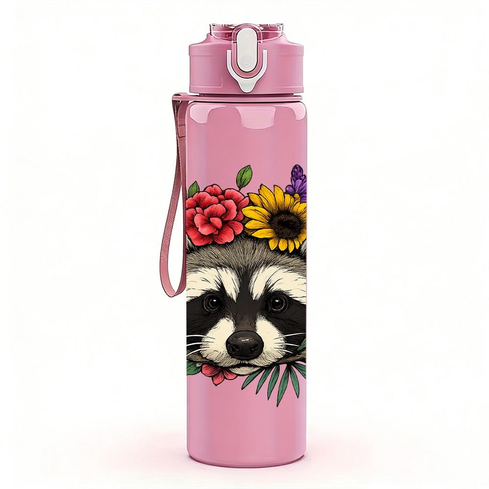 1PC Flower Crown Raccoon 750ml Color Plastic Sports Water Bottle Leakproof Flip Straw Lid Suitable for Sports Office Home Use
