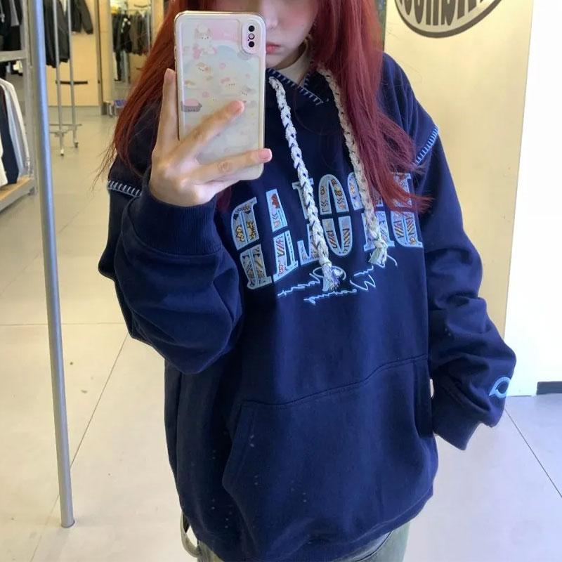 Female Clothing Letter Embroidery Hoodies Chic Drawstring Hooded Autumn Winter Fleece Spliced American Casual Loose Sweatshirts