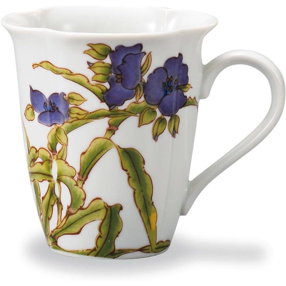 Marusan Miyamoto Kutani Ware Ceramic Mug Japanese Tradescantia (June) 250ml AP8-5152, Hand-Painted Flowers Coffee Tea Cup, Made in Japan