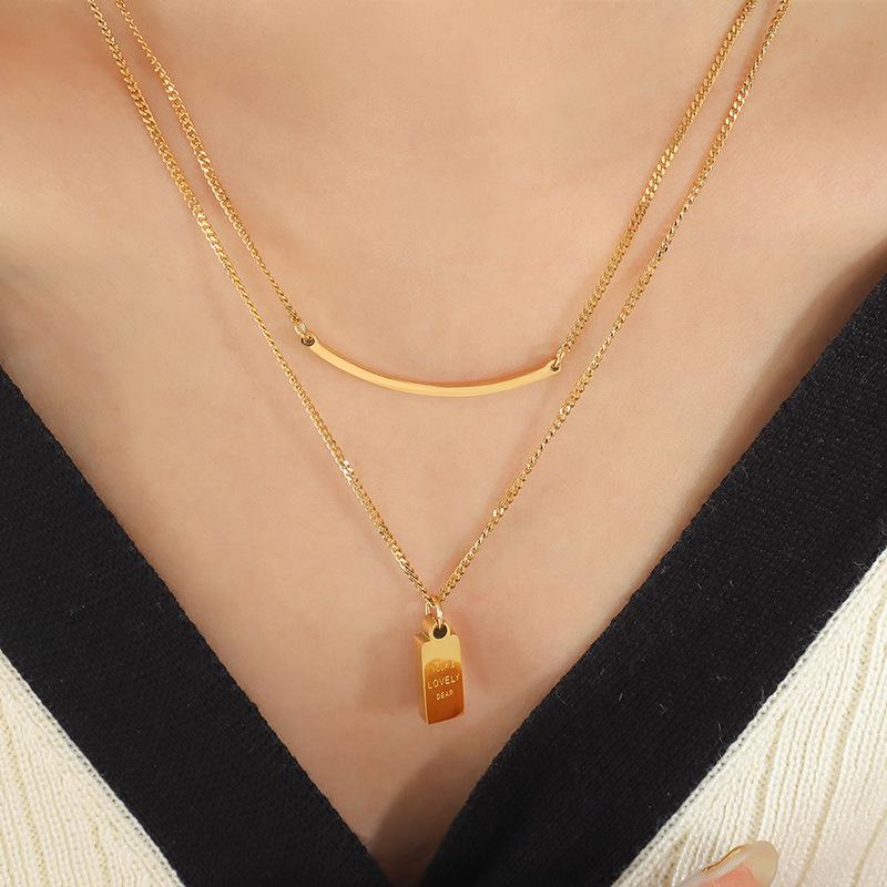 Double Layer Gold-Plated Titanium Steel Necklace with Engraved Square Pendant