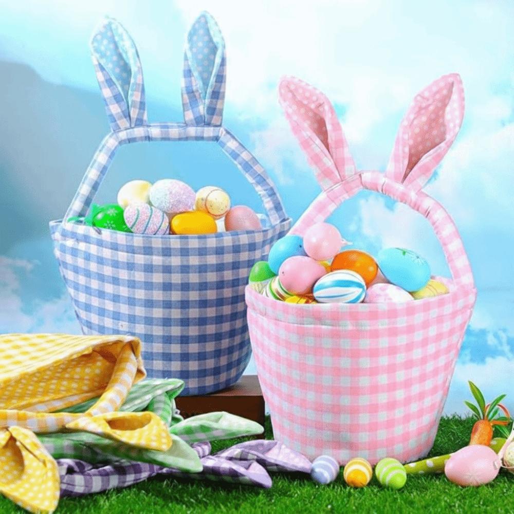 Grid Design Rabbit Ear Basket Breathable Material Plaid Pattern Easter Eggs Basket Bunny Ear Handle Moisture Resistant