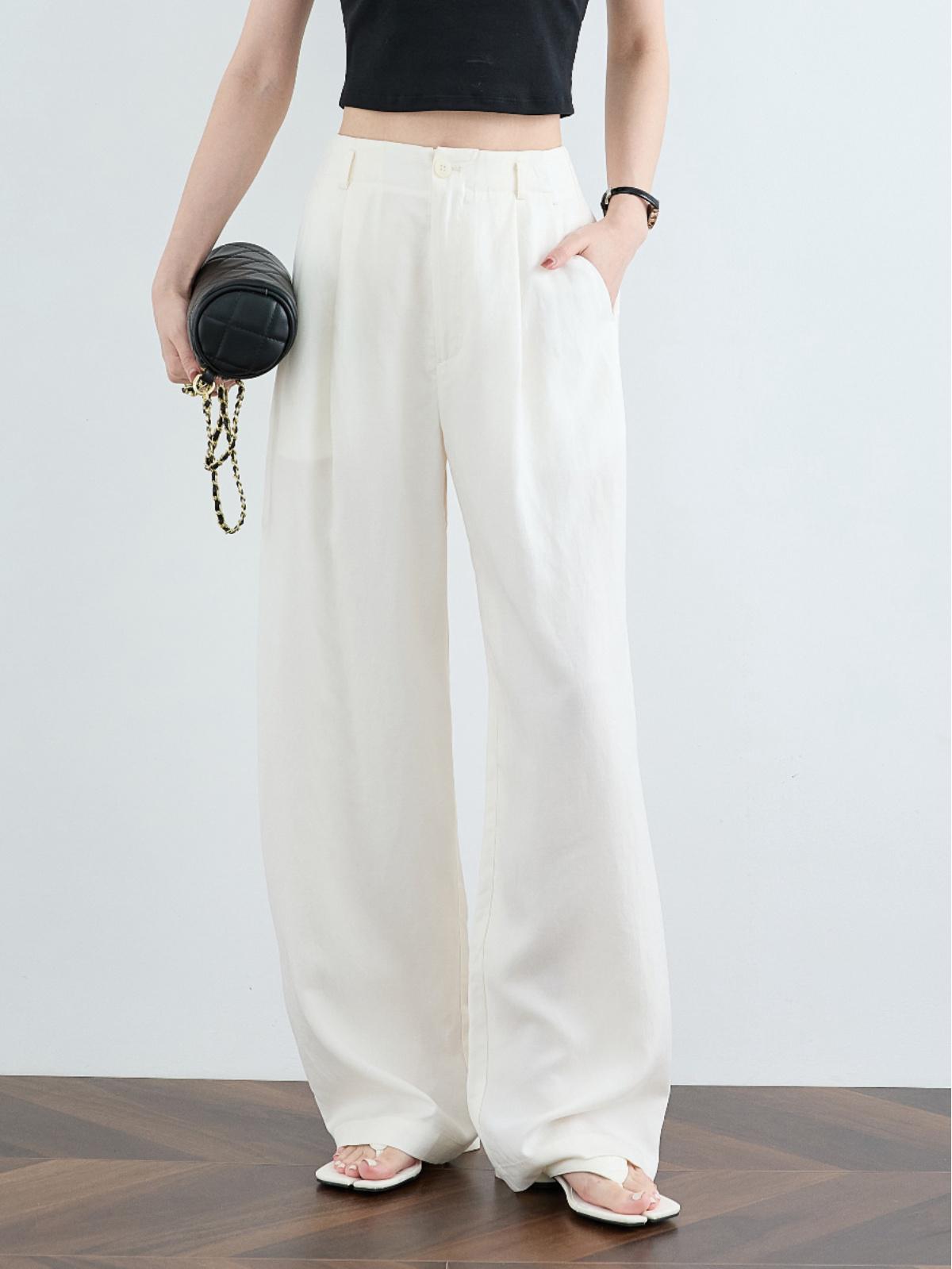 Yi Xi White Tencel Linen Wide-Leg Casual Pants for Women S