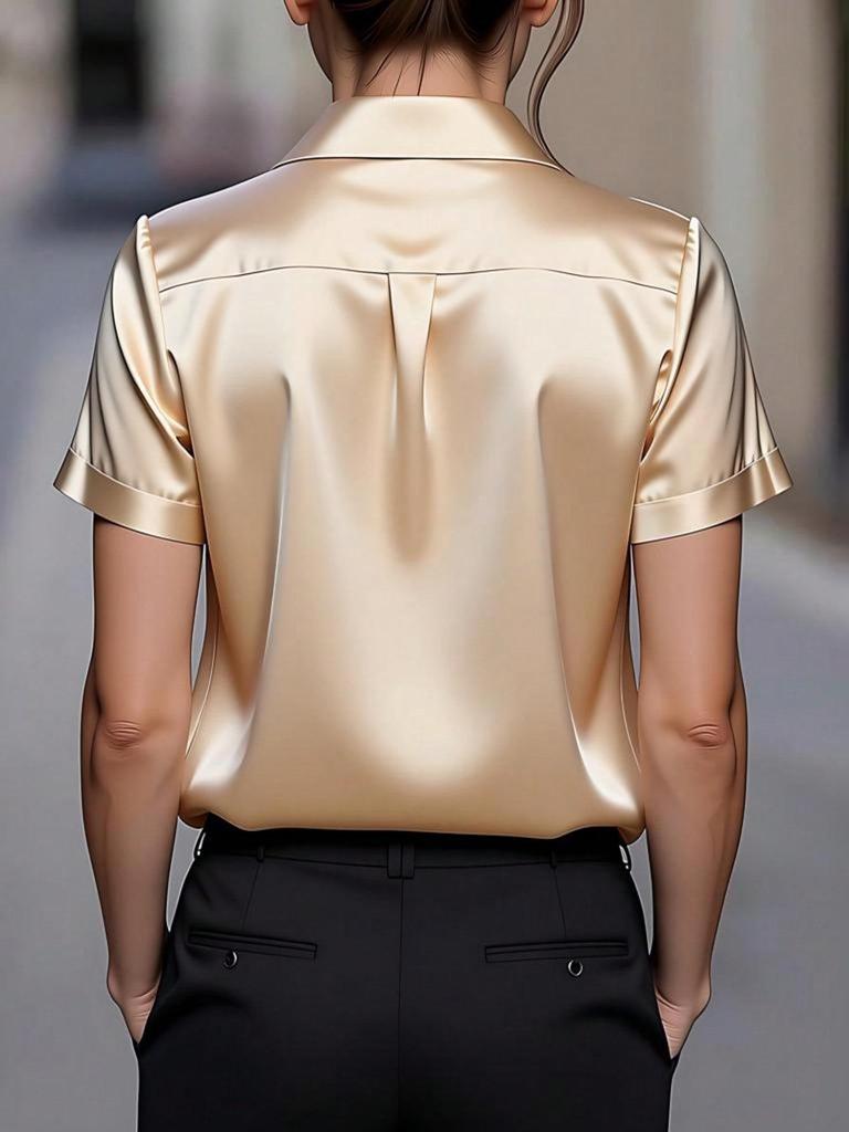 Women's Elegant V-Neck Satin Shirt – Short Sleeve, Imitation Silk, Solid Color, Perfect for Spring and Summer.