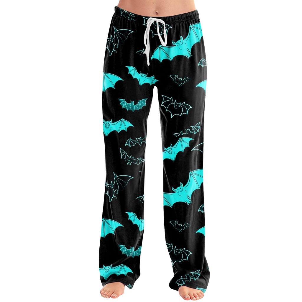 Women's Drawstring Waist Halloween Printed Long Pants Relaxed Fit Casual Trousers with Festive Pumpkin Bat Pattern