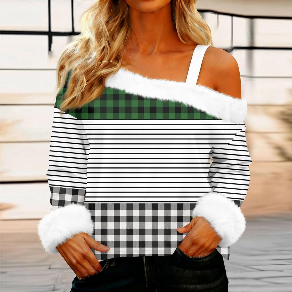 Women's Off-the-shoulder Plush Neck Printed Long-sleeved Pullover T-shirt Top