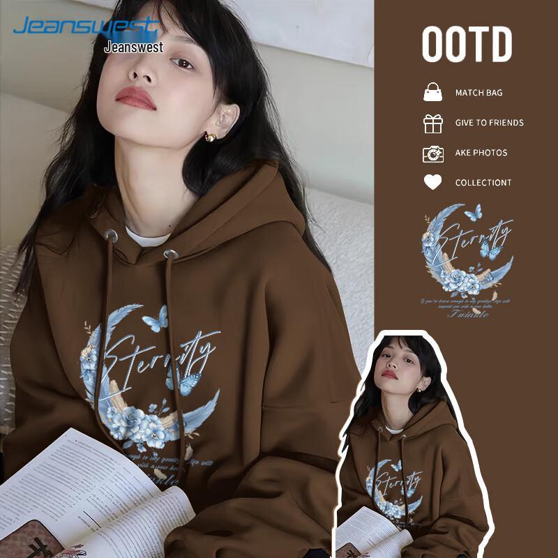 JEANSWEST Women's Loose Hooded Feather Moon Graphic Sweatshirt