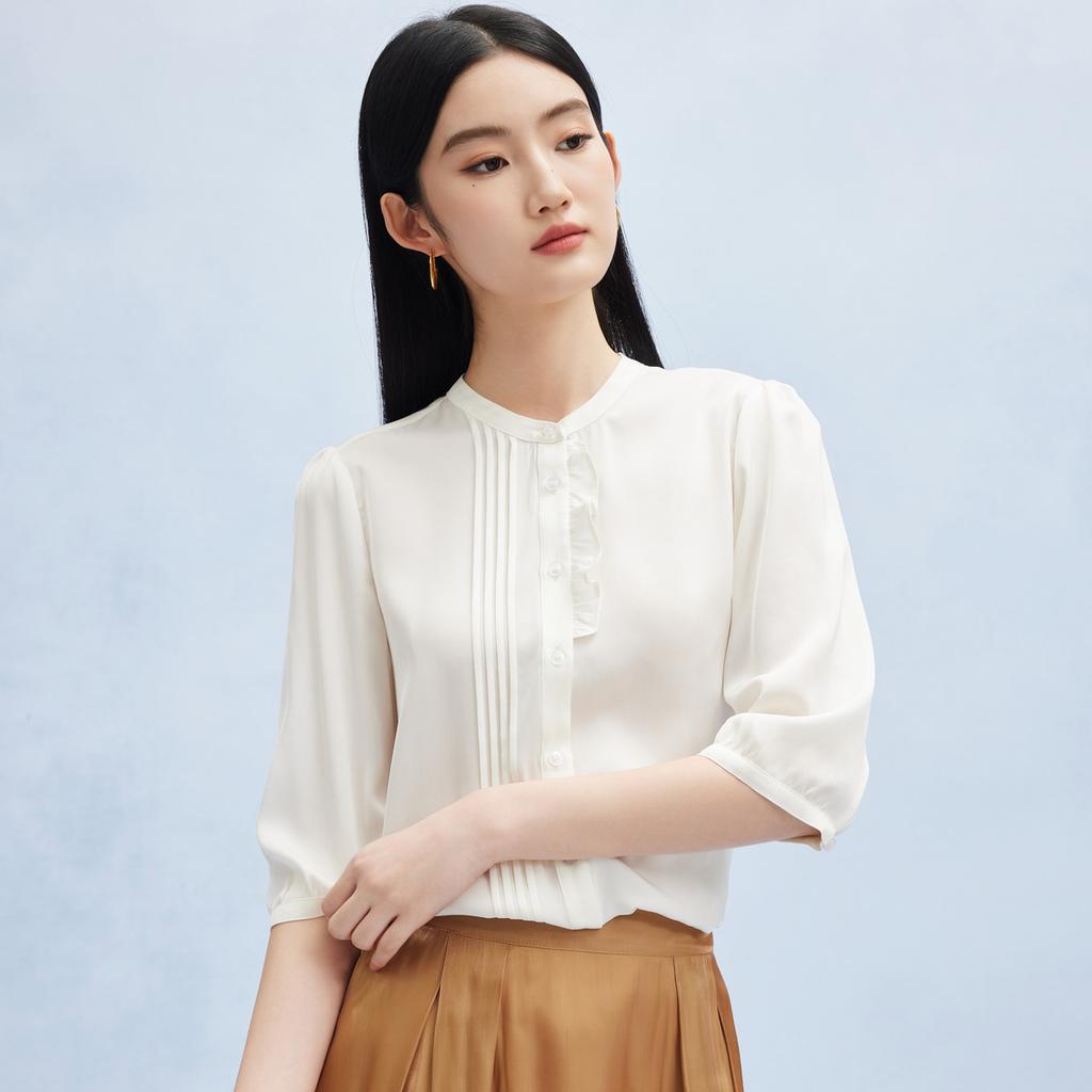 Spring and Summer New Style with Mushroom Edge Design Commuting Mulberry Silk Five Sleeve Shirt for Women