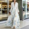 Robe longue à manches longues en mousseline pour femme, imprimé floral, col en V profond, fluide, coupe évasée, robe pour invité de mariage au printemps
