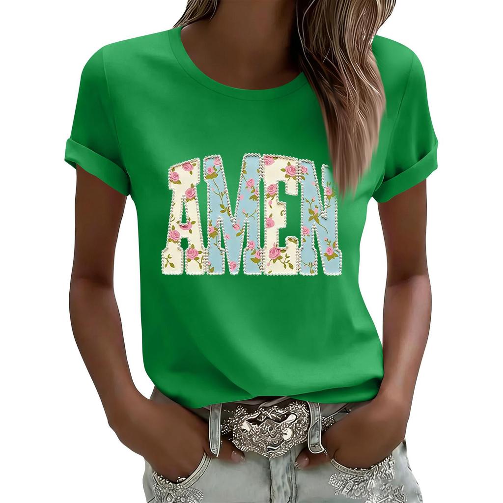 Women's Casual Printed T-Shirt Round Neck Pullover Short Sleeve Top
