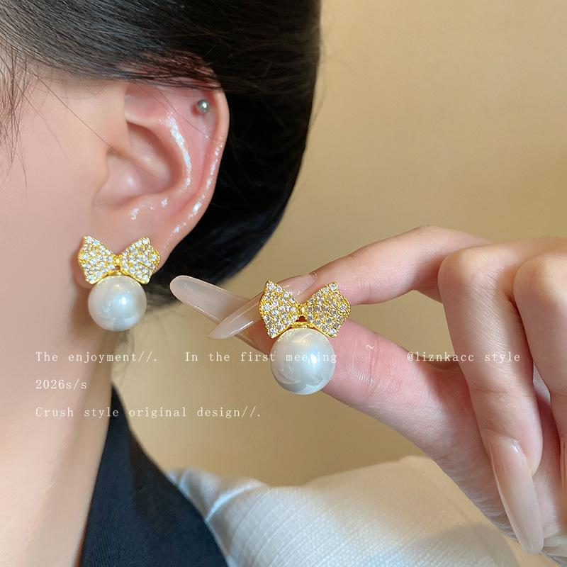 High-end Sterling Silver Needle Niche Hong Kong Style Stud Earrings Zircon Bow Imitation Pearl Earrings Light Luxury Temperament Ear Jewelry