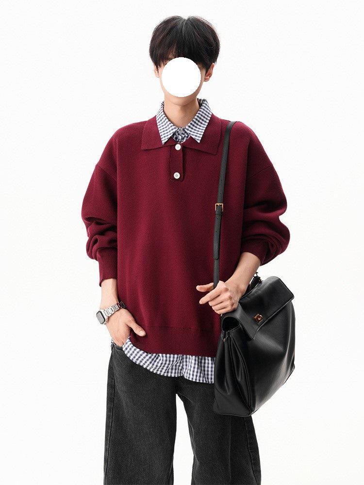 Unisex Wine Red Faux Two-Piece Henley Sweater – Trendy American Autumn Retro Knitwear L