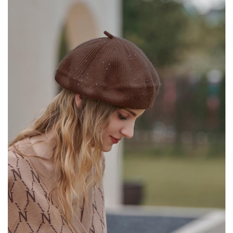 Glitter beret women's autumn and winter woolen hat with fleece winter knitted hat solid color women's hat