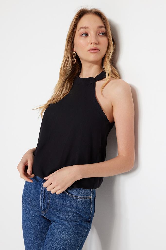 Women's Fashion Blouse Halter Neck Sleeveless Brown Stand Collar Regular Fit Pleated Knitted Blouse