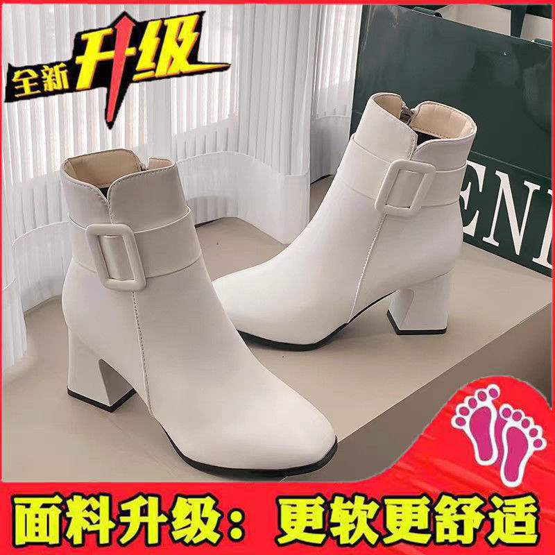 New Foreign-style White Leather Shoes Women's 2025 Short Boots Korean Version Medium Boots High Heels Women's Shoes 5com Thin Velvet Autumn and Win