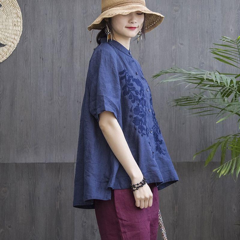 Women's Standing Collar Shirt Artistic Embroidery Shirt Plus Size Short Sleeved Shirt Women's Linen Shirt