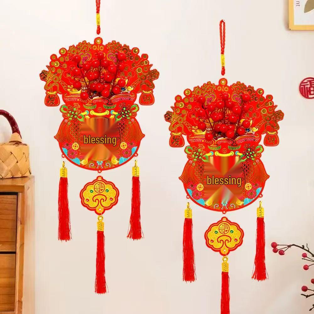 2026 New Year Flocked Print Lucky Bag Red Fruit Hanging Ornament for New Home, Indoor Décor.