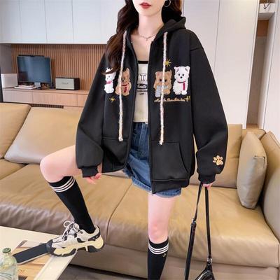 ZOSOUL Oversize Hooded Cardigan with Puppy Embroidery