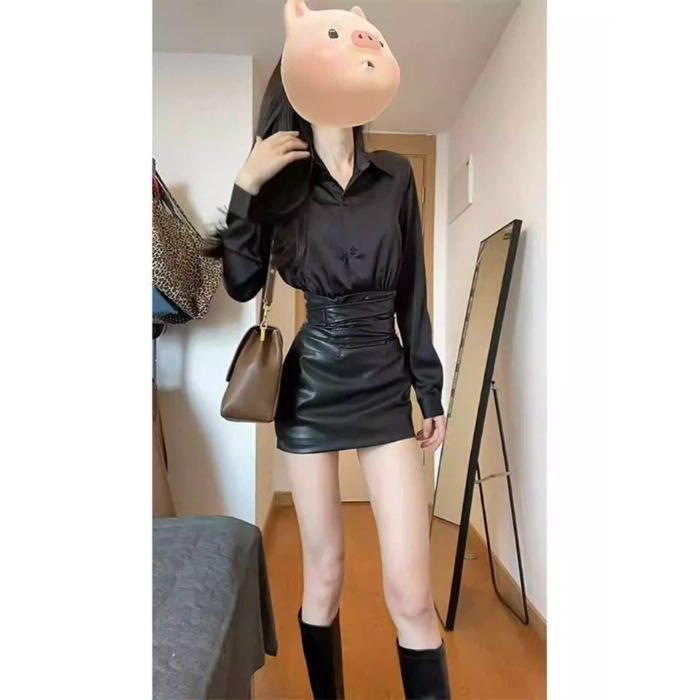

Spicy Girl Pure Desire Autumn Two-Piece Set: Lapel Long Sleeve Shirt & Waist-Cinched PU Leather Skirt Medium
