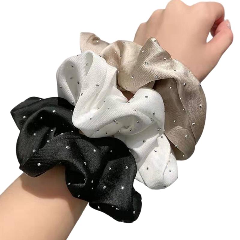 3PCS Elegant Rhinestones Embellished Hair Scrunchies For Women Soft Ponytail Holder Stylish Stretchable Hair Tie