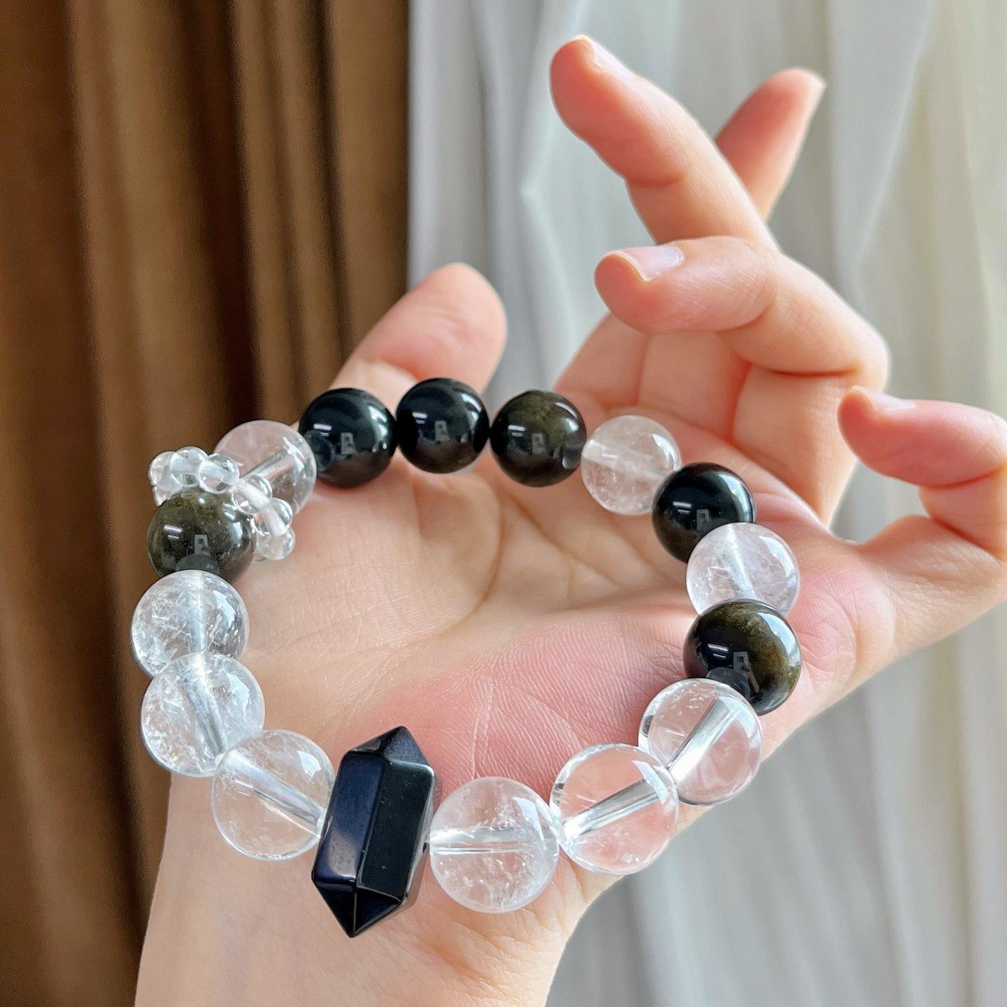 12Mm Large Particle Natural White Crystal Obsidian Design Bracelet