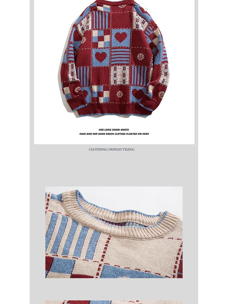American Retro Plaid Heart Sweater - Red Autumn/Winter Knitwear for Couples