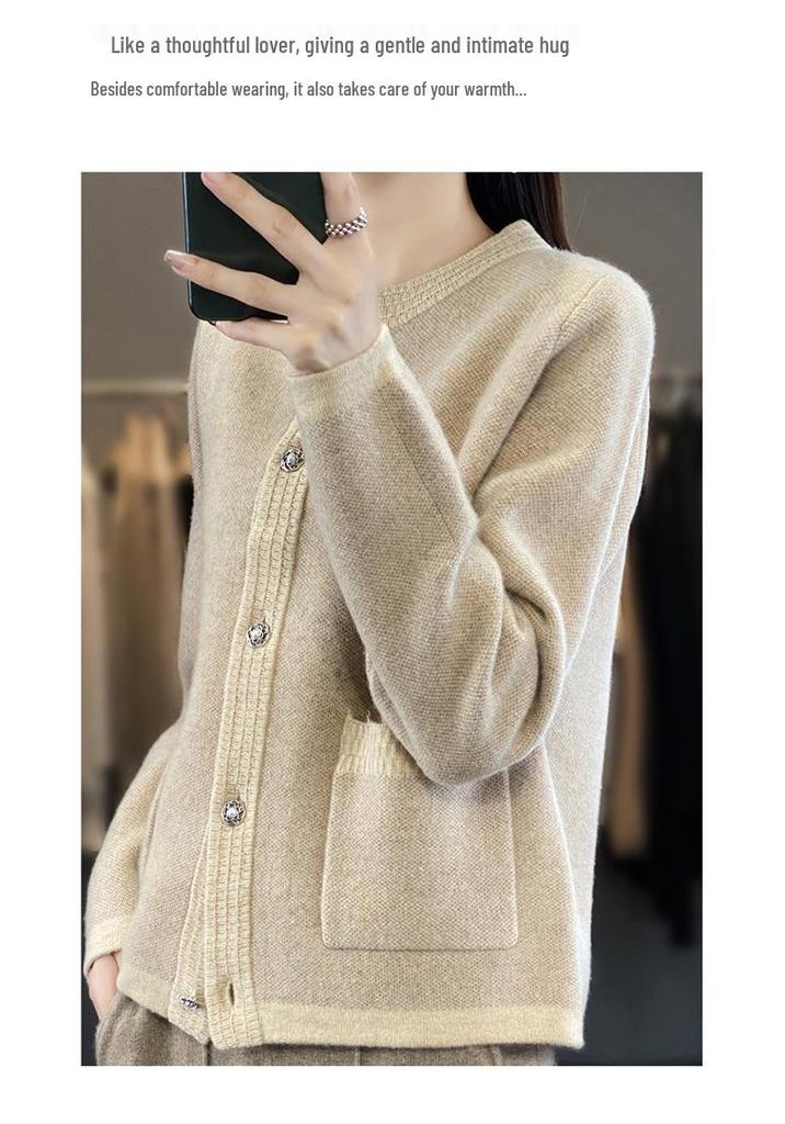 Women's Pure Wool Color Block Cardigan - Round Neck Knit Sweater for Autumn/Winter