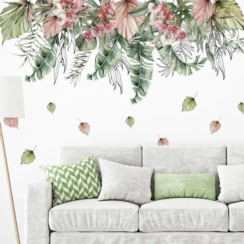 2024 New Watercolor Green Leaf Tropical Plant Waterproof Living Room Bedroom Corner Decal Decal Leaf PVC Wall Sticker