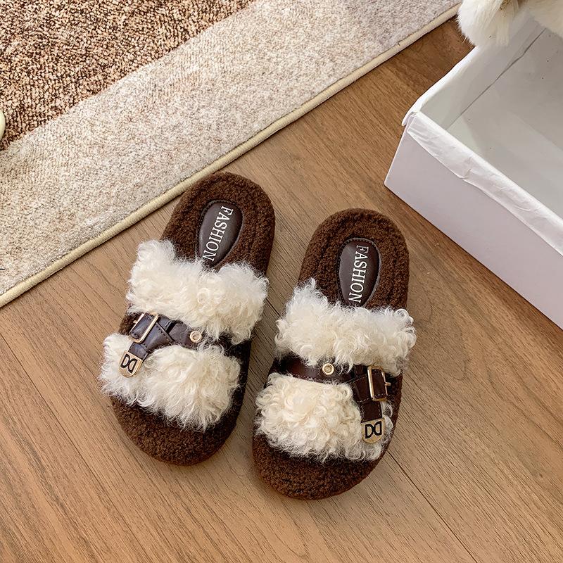 Korean Version 2025 Autumn and Winter New Mao Mao Shoes Curly Hair Outer Wear One-word Slippers Platform Shoes Velvet Cotton Slippers Women