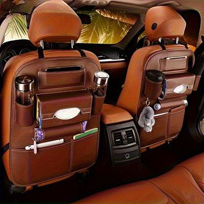 1 Stück Autositz Kopfstützen Organizer mit mehreren Taschen, Getränkehaltern, Haken & Netztaschen - Braun Langlebige PU Aufbewahrungstasche für Autos, LKWs, SUVs