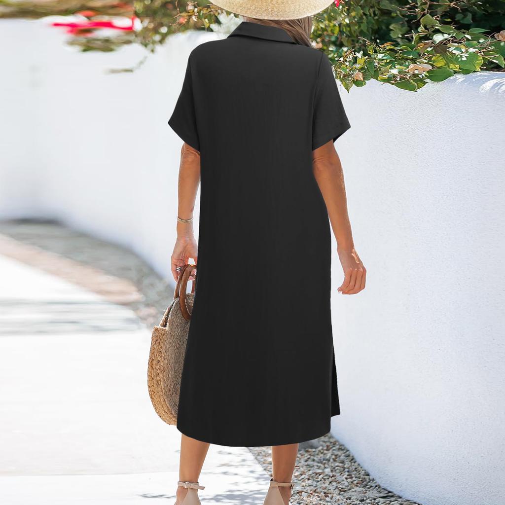 Women Dresses Summer Casual Short Sleeve Button Down Shirt Dresses Beach Cover Up With Pockets