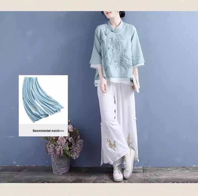 Women's Spring Cotton-Linen Top: Frog Buttons, Embroidered, Oblique Placket, 3/4 Sleeves, Pink/Yellow. Perfect for Tea Ceremonies.