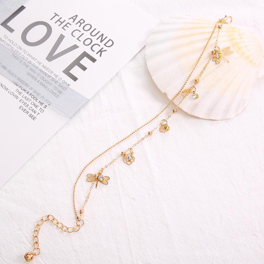 Foot Beach Model, Double-Layer Retro Anklet, Diamond-Encrusted Small Dragonfly Anklet.