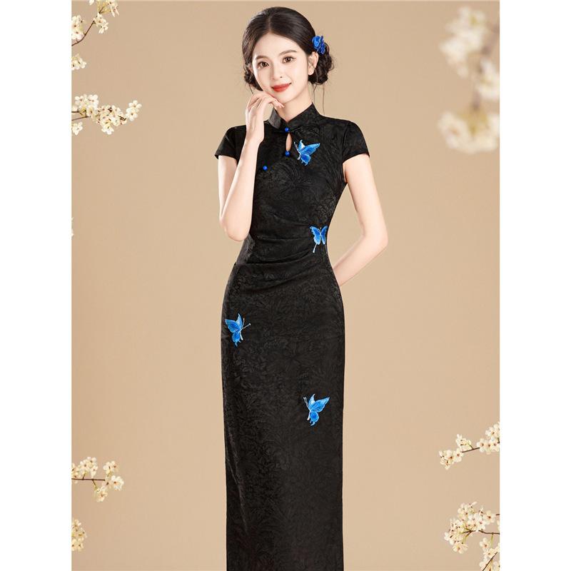 New Chinese-style improved cheongsam women's black Jiangnan spring butterfly embroidery retro national style daily dress dress women