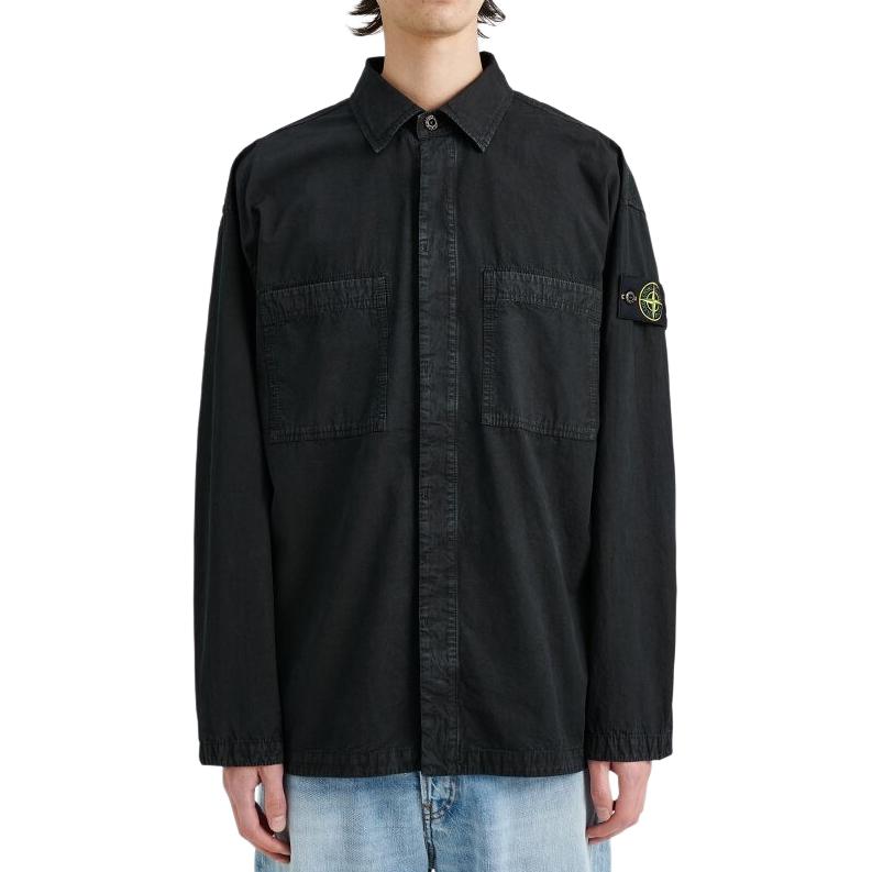 Stone Island Solid Color Polo Collar Long Sleeve Shirt Men shirts Black 7915112WN-V0129